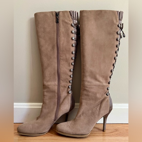 NWOT BOURNE BOOTS UK Designer Bejeweled Lace Up Satin & Suede Tan Sz EU37, US6.5 - Picture 10 of 15